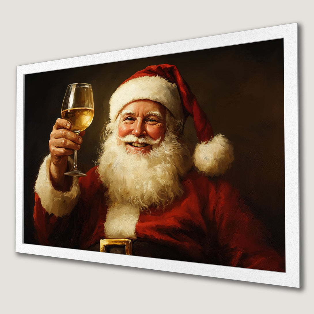 Framed Poster of Santa Claus toasting, oil painting style, red and gold color palette, perfect Christmas decor.