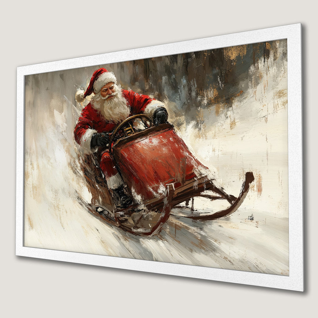 Framed Poster of Santa Claus in a sleigh, painted in an expressive style with a red, white, and brown color palette. Perfect Christmas decor!