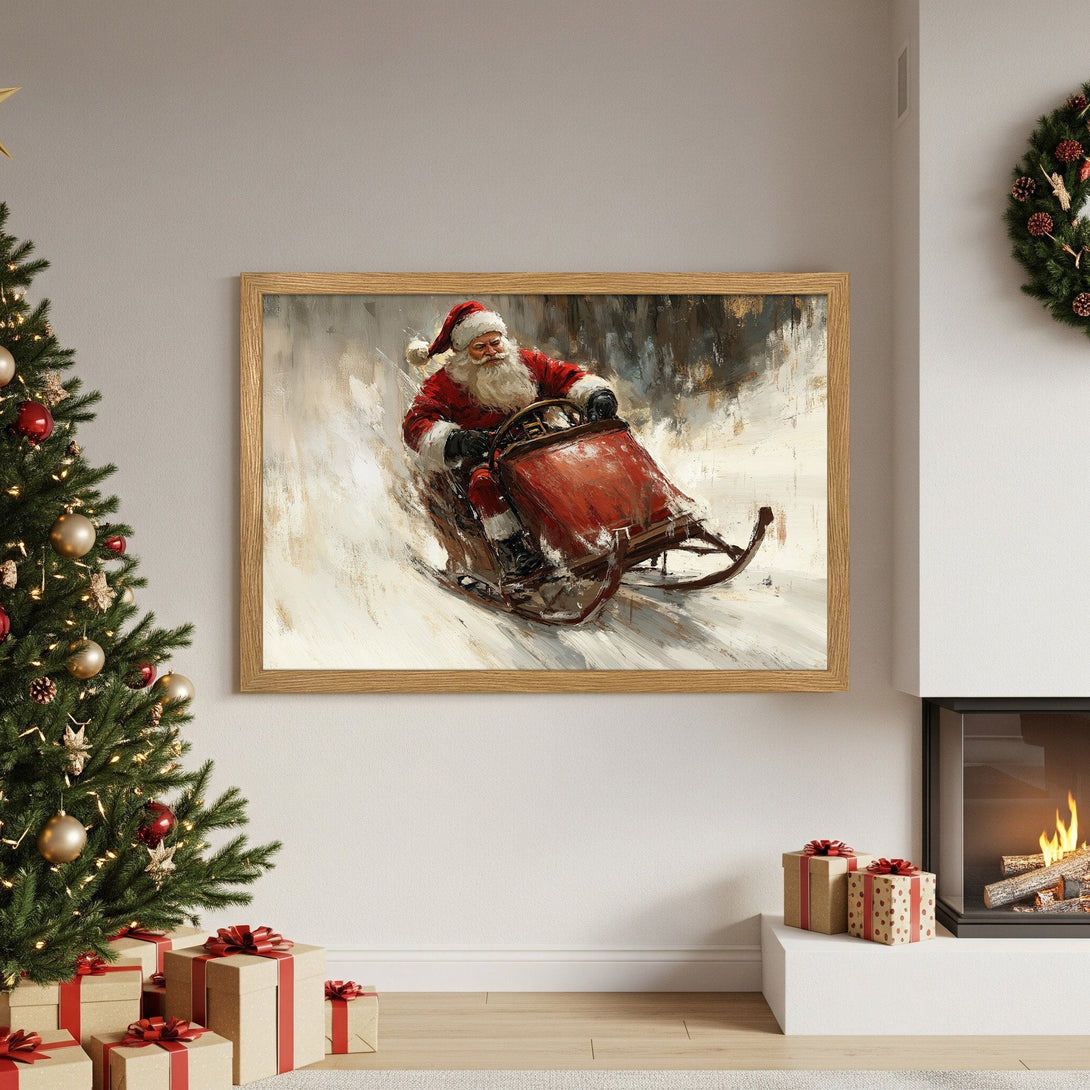 Framed Poster of Santa Claus on a sled. Impressionistic style, red and neutral color palette, perfect for Christmas decor.
