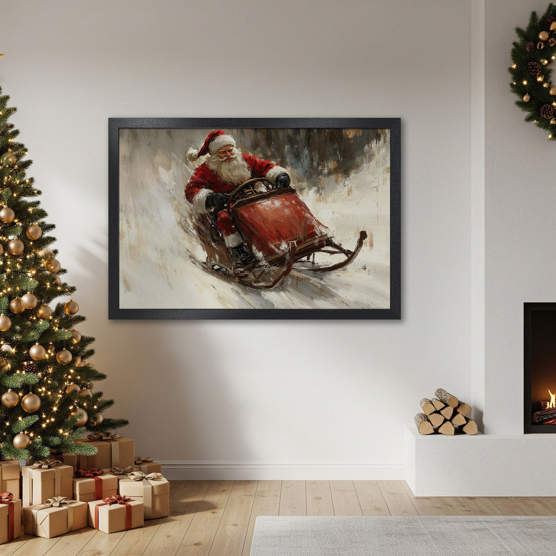 Framed Poster of Santa Claus on a Sleigh, Impressionist style, red and neutral color palette, perfect Christmas decor.