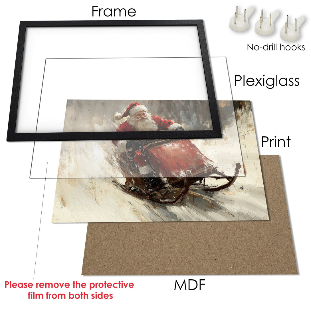 Framed Poster of Santa Claus on a sleigh, painted in a warm, impressionistic style. Features a red and neutral color palette.