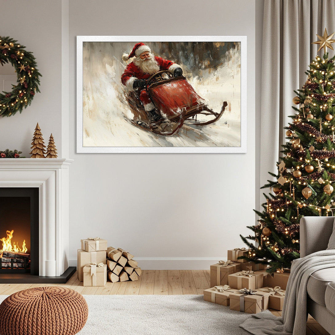 Framed Poster of Santa on a Sleigh. Impressionist style, warm red and neutral color palette. Perfect Christmas decor!