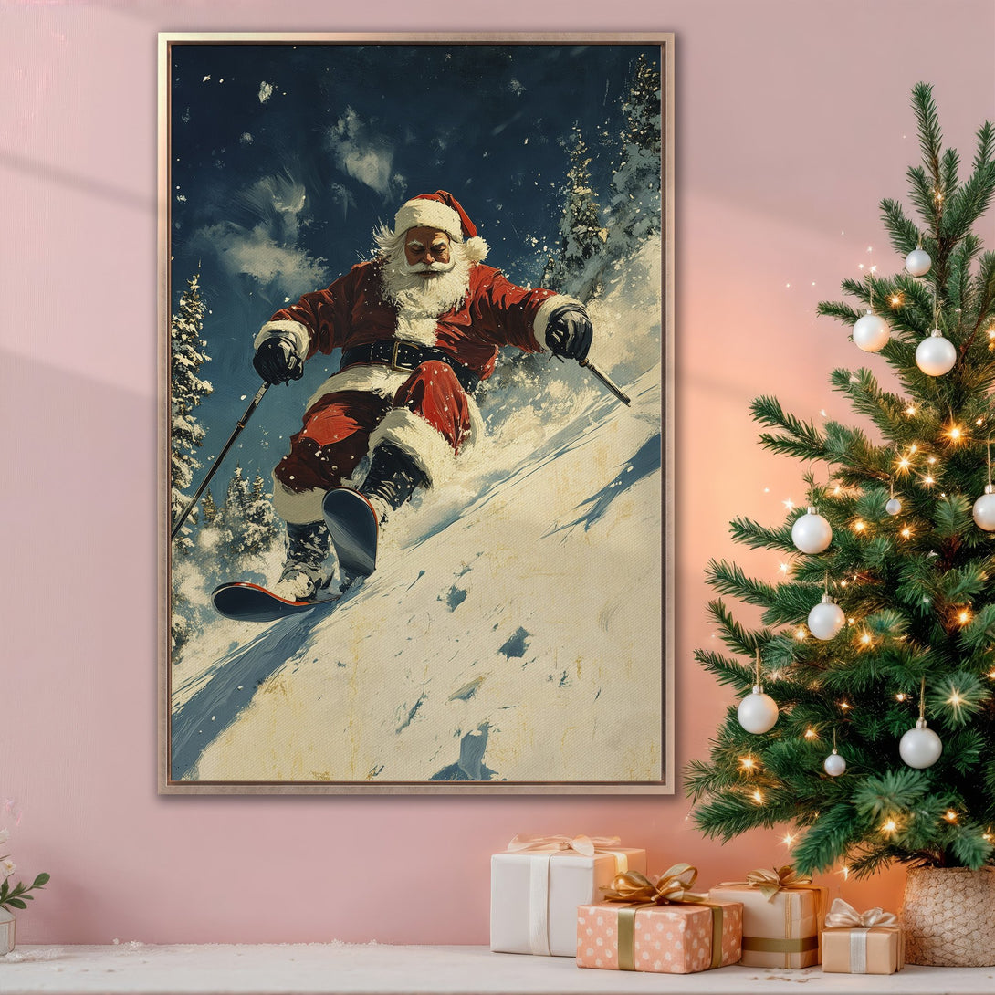 Framed Wall Art featuring Santa skiing down a snowy mountain in a vintage style. Festive red, white, and blue color palette. Perfect Christmas decor!