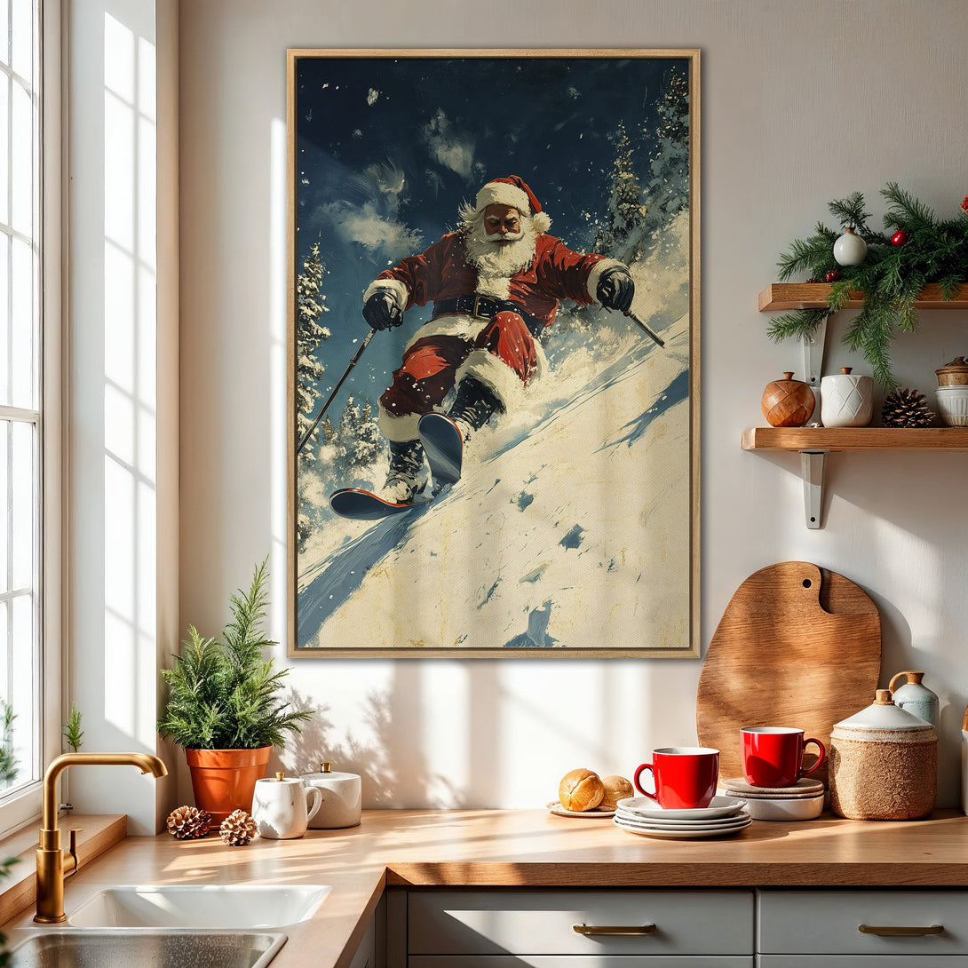 Framed Wall Art: Santa skiing down a snowy mountain. Vintage style with a red, white, and blue color palette. Perfect Christmas decor.