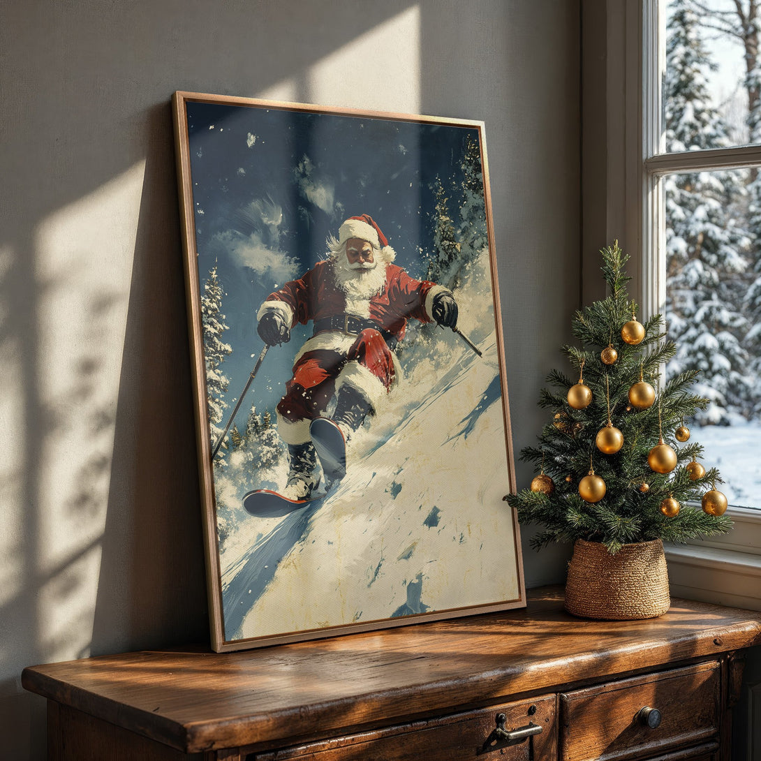 Framed Wall Art: Vintage Santa skiing down a snowy mountain. Rustic style, featuring a red, white, and blue color palette. Perfect Christmas decor!