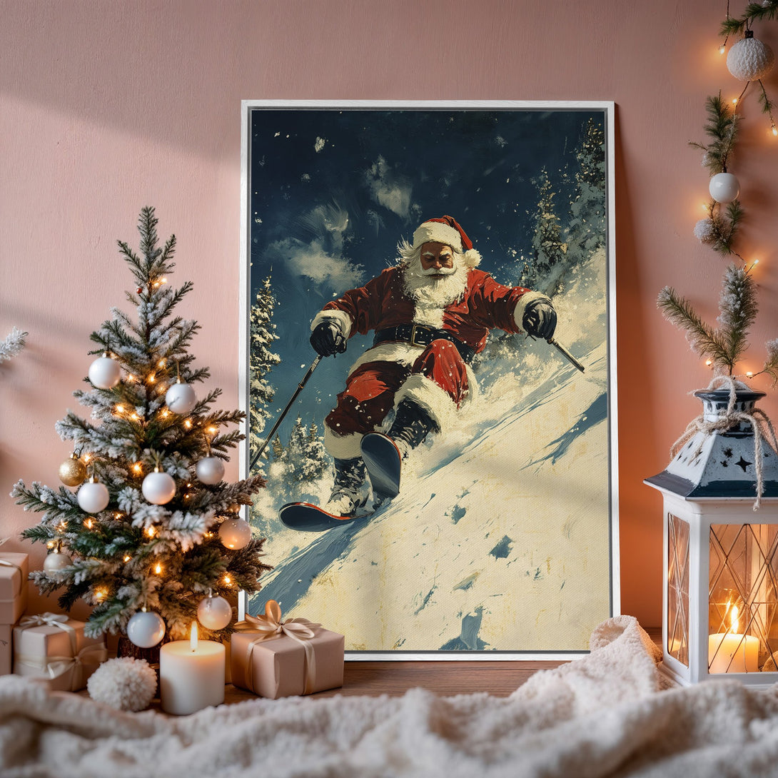 Framed Wall Art: Santa skiing down a snowy slope. Vintage style, red and blue color palette. Perfect Christmas decor for your home!