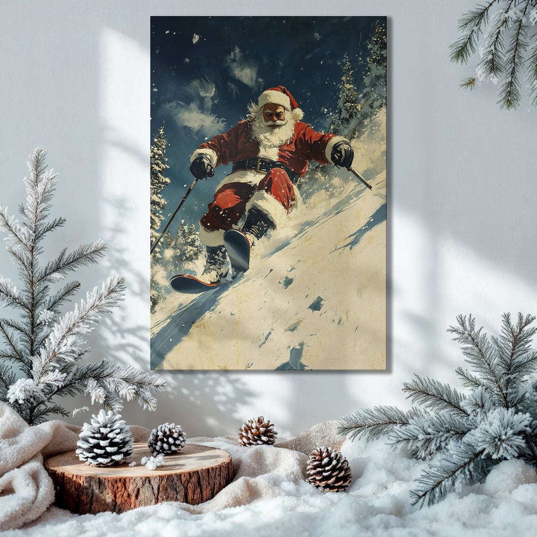 Framed Wall Art: Santa skiing in a winter wonderland. Festive art with a warm, inviting color palette, perfect for Christmas decor.