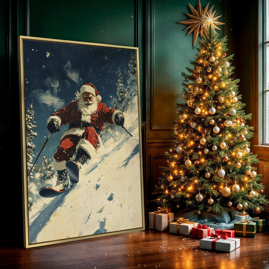 Canvas Print of Santa skiing down a snowy mountain. Festive wall art in red, white, and blue tones. Perfect Christmas decor!