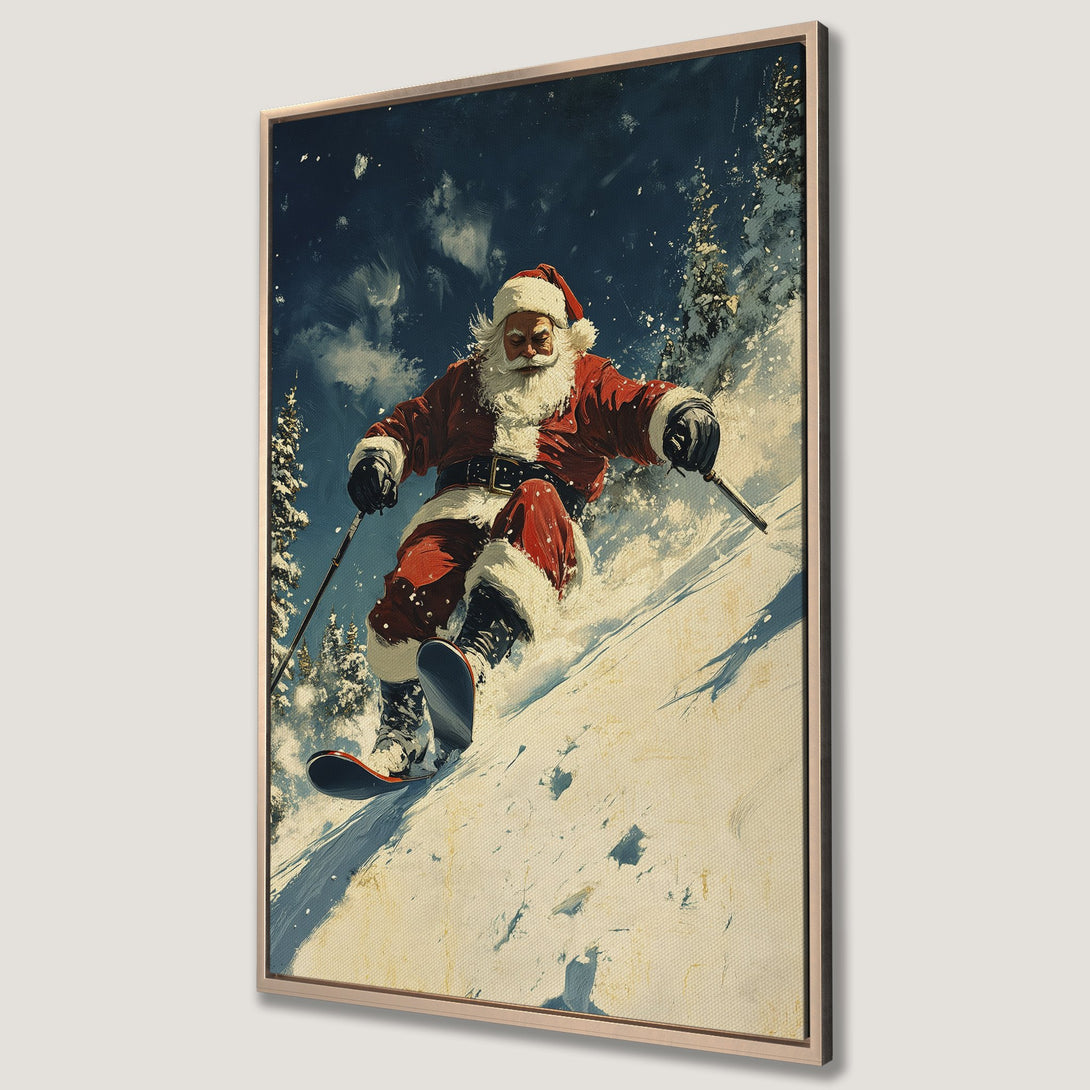 Framed Wall Art featuring Santa skiing down a snowy mountain. Festive holiday art in a painterly style with a red, blue, and white color palette. Perfect Christmas decor!