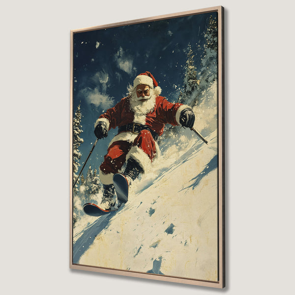 Framed Wall Art featuring Santa skiing down a snowy mountain. Festive holiday art in a painterly style with a red, blue, and white color palette. Perfect Christmas decor!