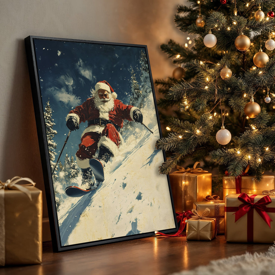 Framed Wall Art: Santa skiing down a snowy mountain. Vintage style Canvas Print with red, blue, and white color palette. Perfect Christmas decor!