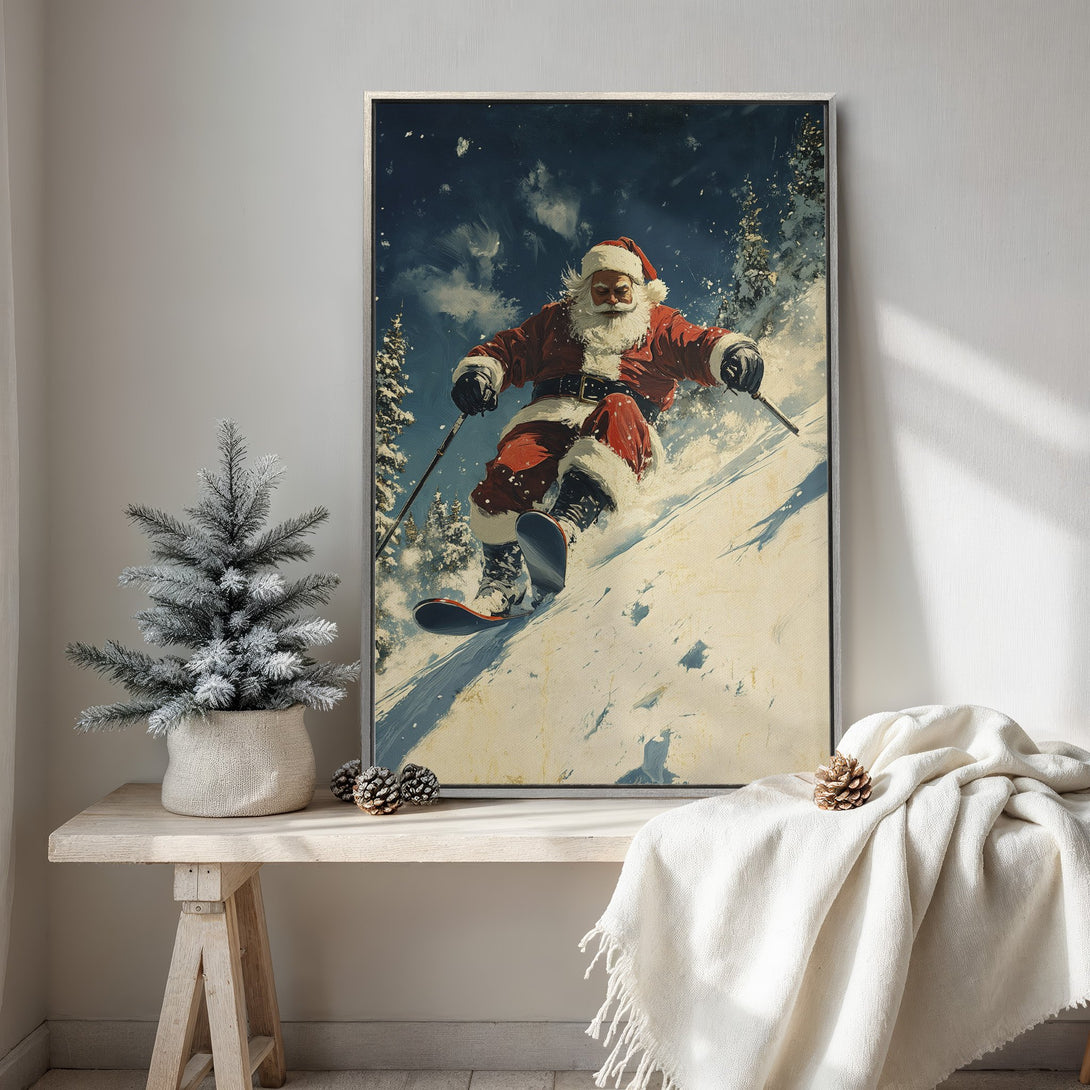 Framed Wall Art: Santa skiing down a snowy mountain. Festive artwork with a vintage style and a red, blue, and white color palette. Perfect holiday decor.