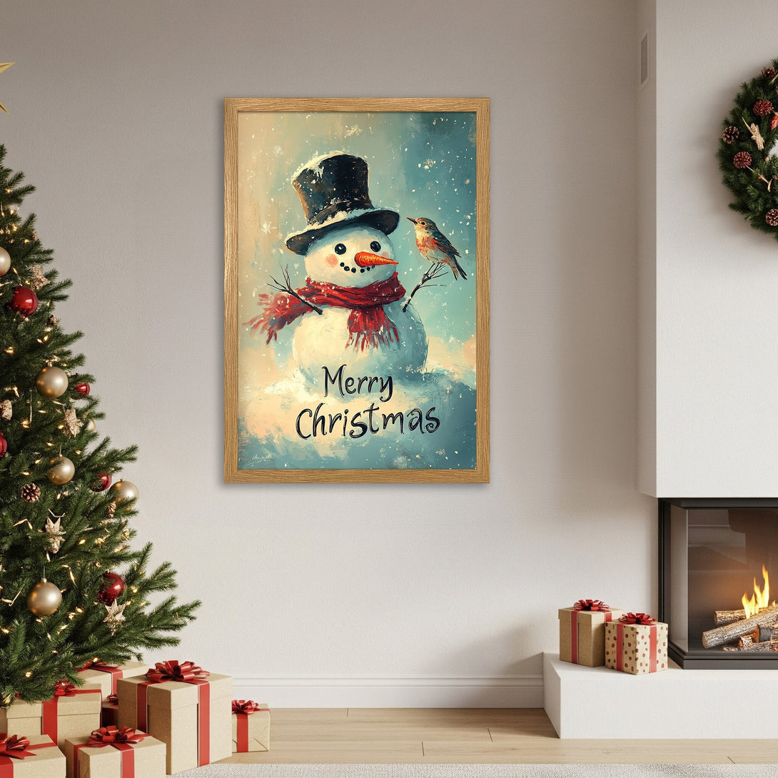Framed Poster of a snowman with a bird, "Merry Christmas" in a wintery blue and red color palette. Perfect holiday decor!