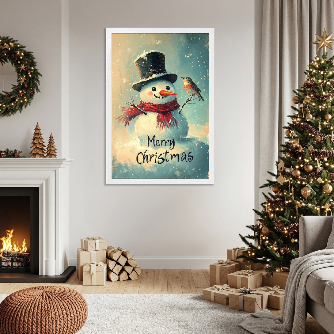 Framed Poster of a snowman with a bird, in a wintery style with blue, red, and white color palette. Perfect Christmas decor!