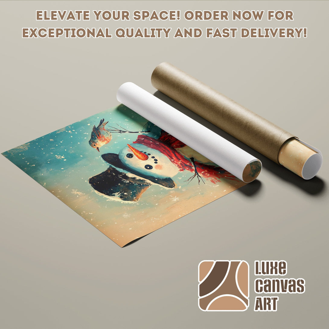 Winter-themed Poster Roll featuring a snowman and bird, in a painterly style with cool blue and warm tones.