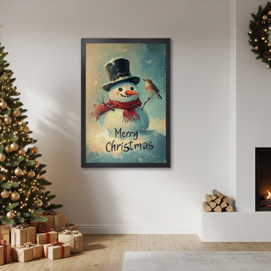 Framed Poster featuring a whimsical snowman with a bird, in a cozy, wintery style. Perfect Christmas decor with a blue and beige palette.