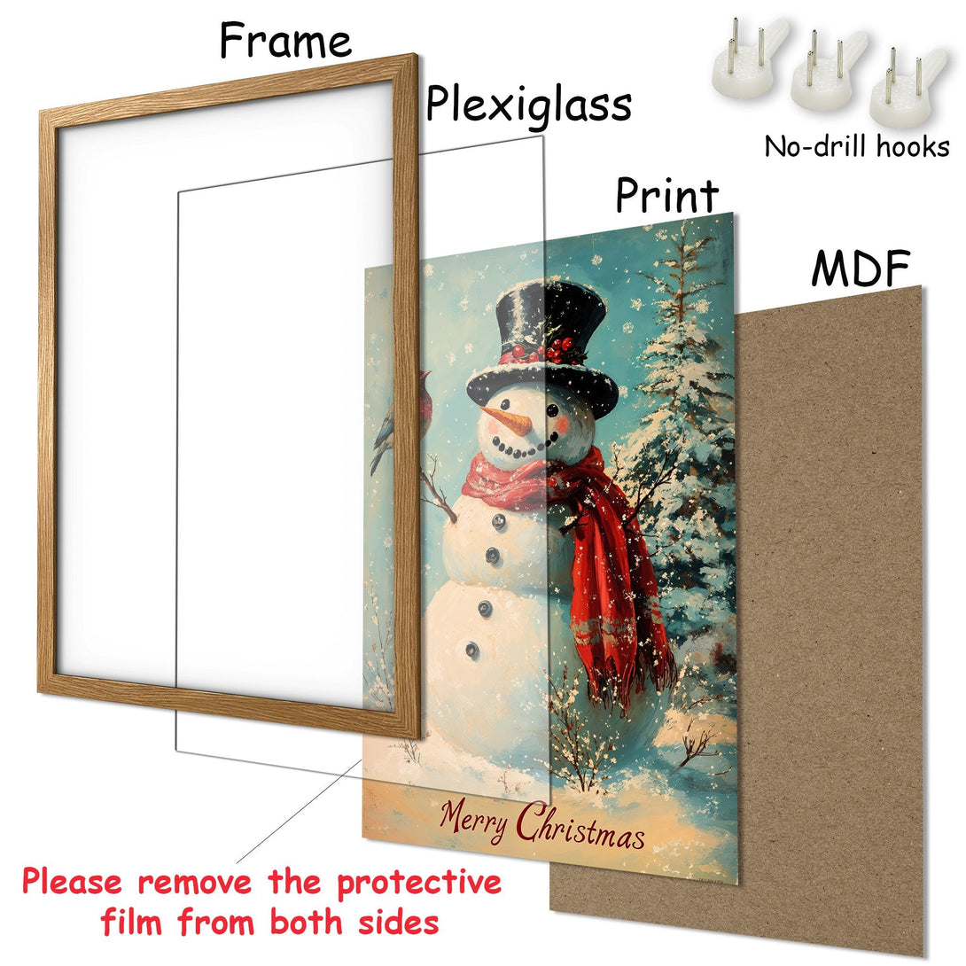 Framed Poster featuring a snowman with a red scarf in a winter scene. Festive artwork with a blue, white, and red color palette. Perfect Christmas decor!