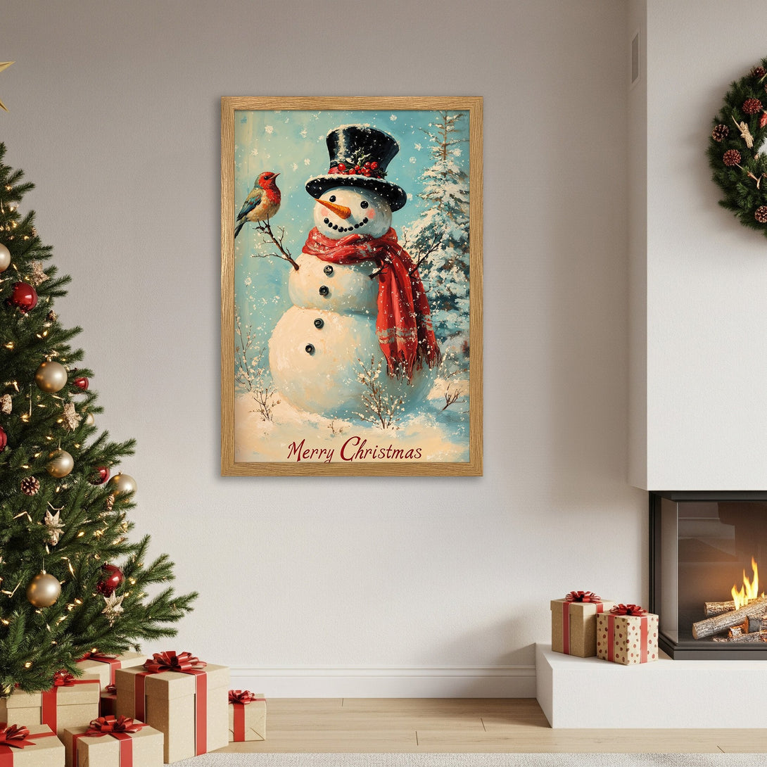 Framed Poster featuring a snowman with a bird, vintage style, blue & red Christmas art. Perfect holiday decor!