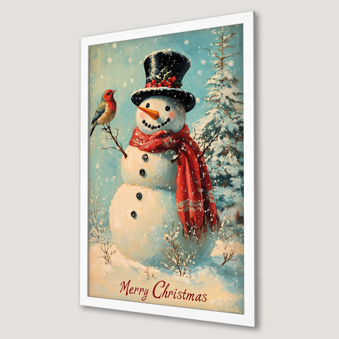 Framed Poster featuring a snowman with a red scarf and bird in a winter scene. Festive art in blue, white, and red color palette. Merry Christmas!
