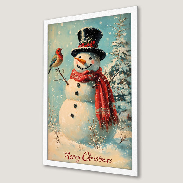 Framed Poster featuring a snowman with a red scarf and bird in a winter scene. Festive art in blue, white, and red color palette. Merry Christmas!