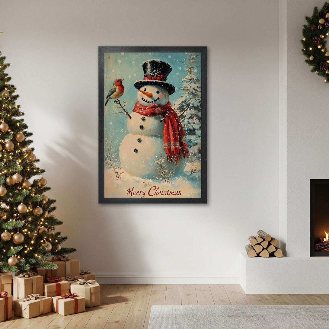 Framed Poster featuring a snowman in a winter scene, with a red and blue color palette. Perfect Christmas decor!