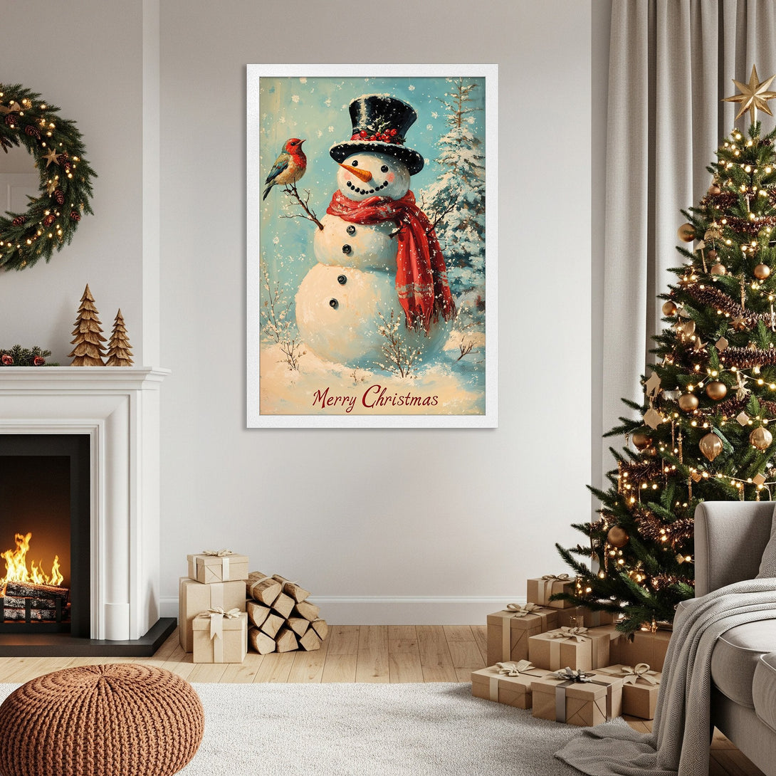 Framed Poster featuring a whimsical snowman with a red scarf, in a wintery scene. Soft blue & white palette. Perfect Christmas decor!