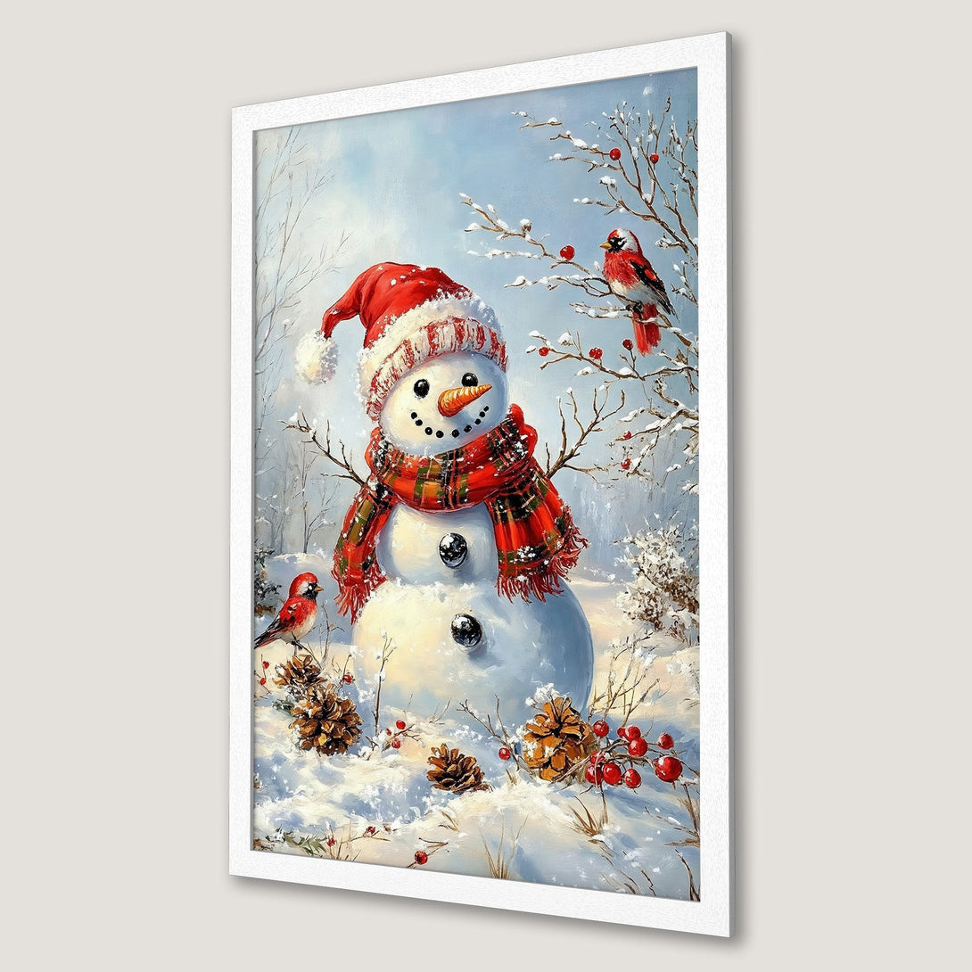 Framed Poster featuring a cheerful snowman with birds, in a winter scene. Painted style with a blue, red, and white color palette. Perfect holiday decor.