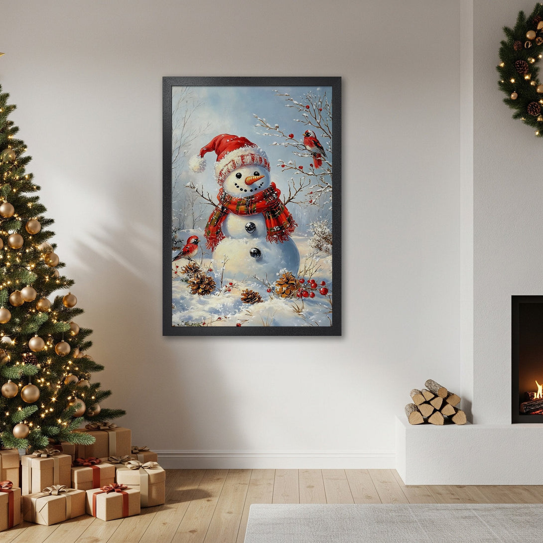 Framed Poster featuring a whimsical snowman in a winter scene, with red and blue color palette, perfect for holiday decor.