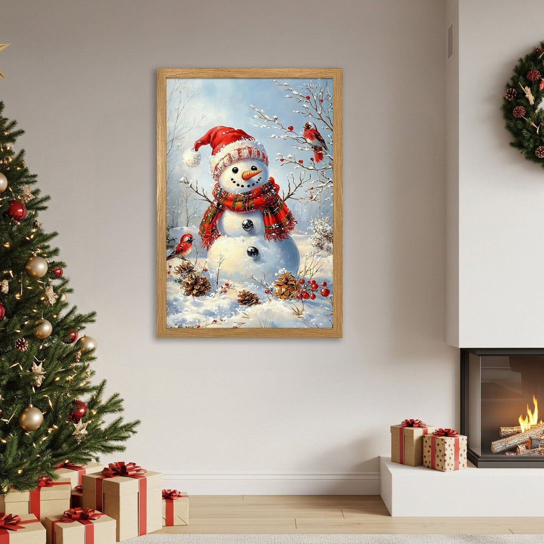 Framed Poster featuring a snowman in a winter scene, painted in a charming style with a red, white, and blue color palette. Perfect holiday decor!