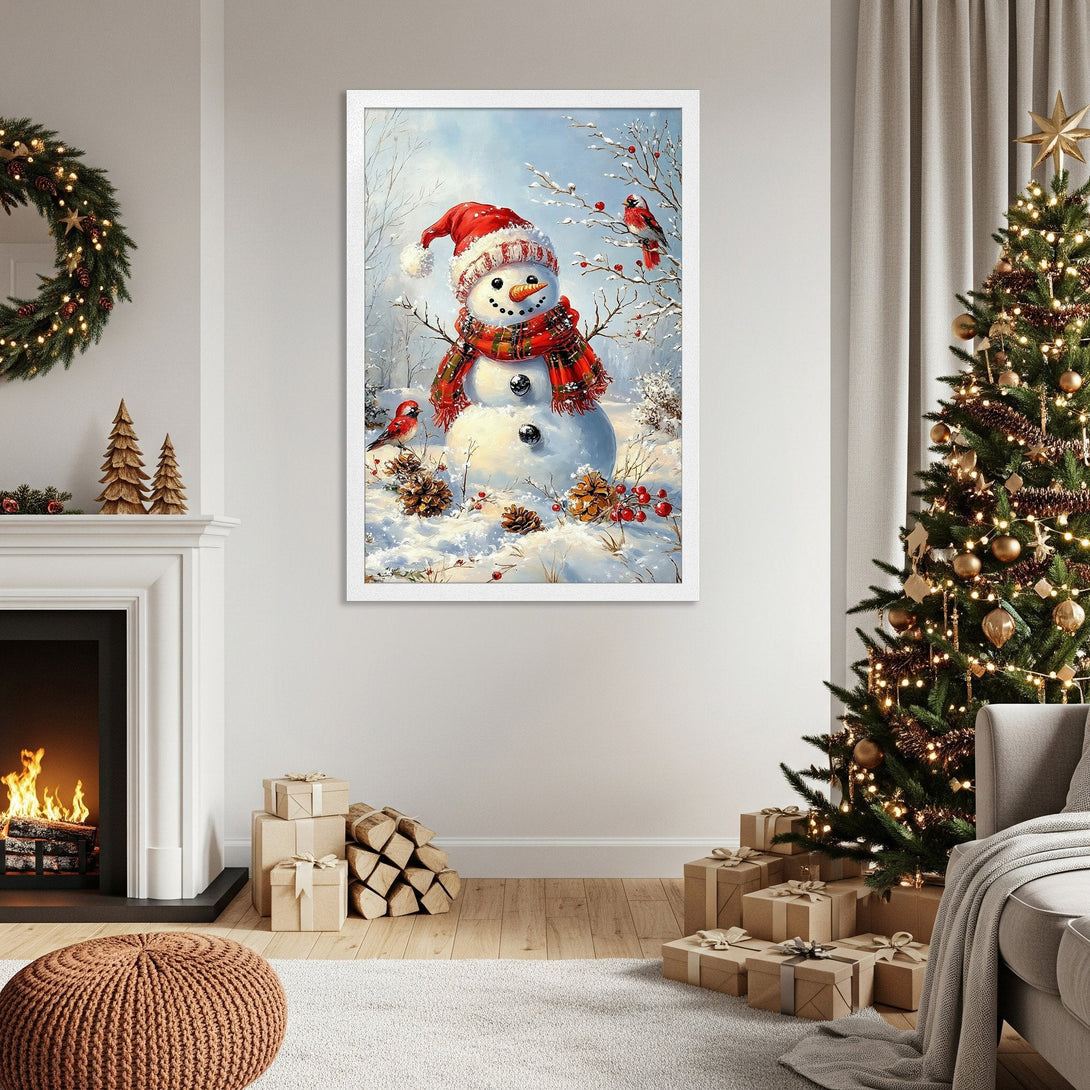 Framed Poster featuring a charming snowman in winter scene, with red accents. Perfect Christmas decor!