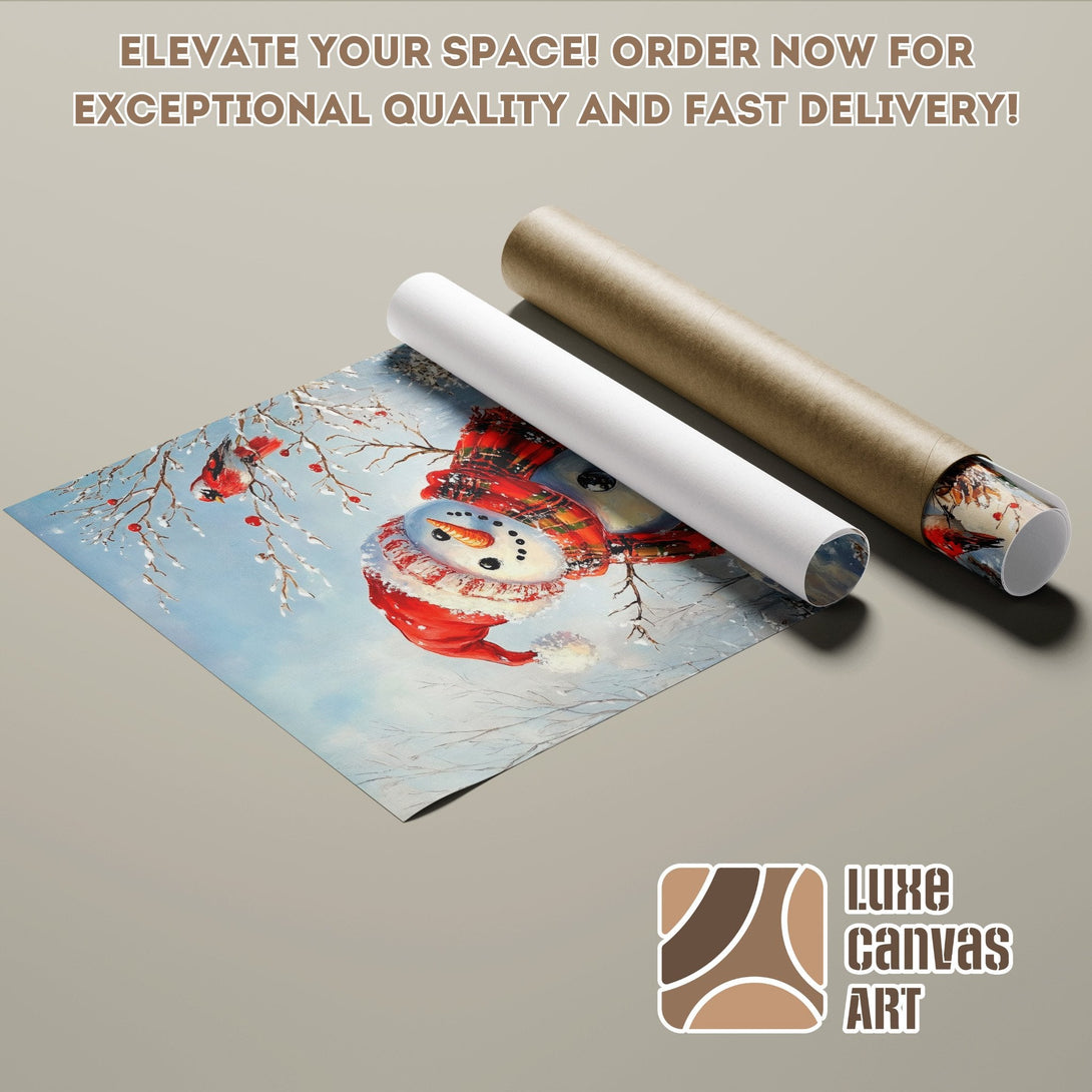 Winter snowman poster roll, blue and red color palette, art print for your home.