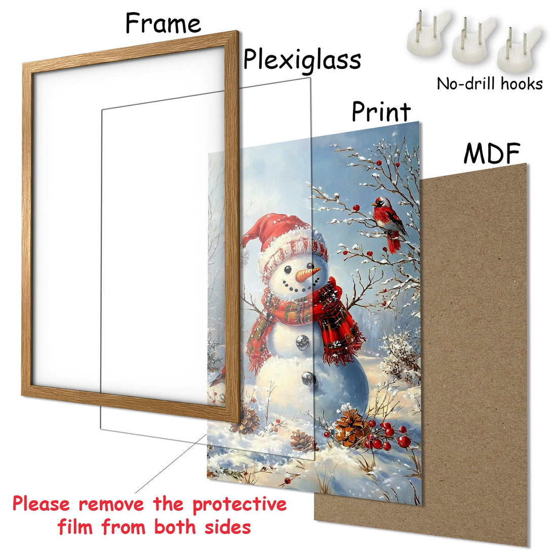 Framed Poster featuring a snowman in a winter scene. Charming art style with a blue, red, and white color palette. Perfect holiday decor!