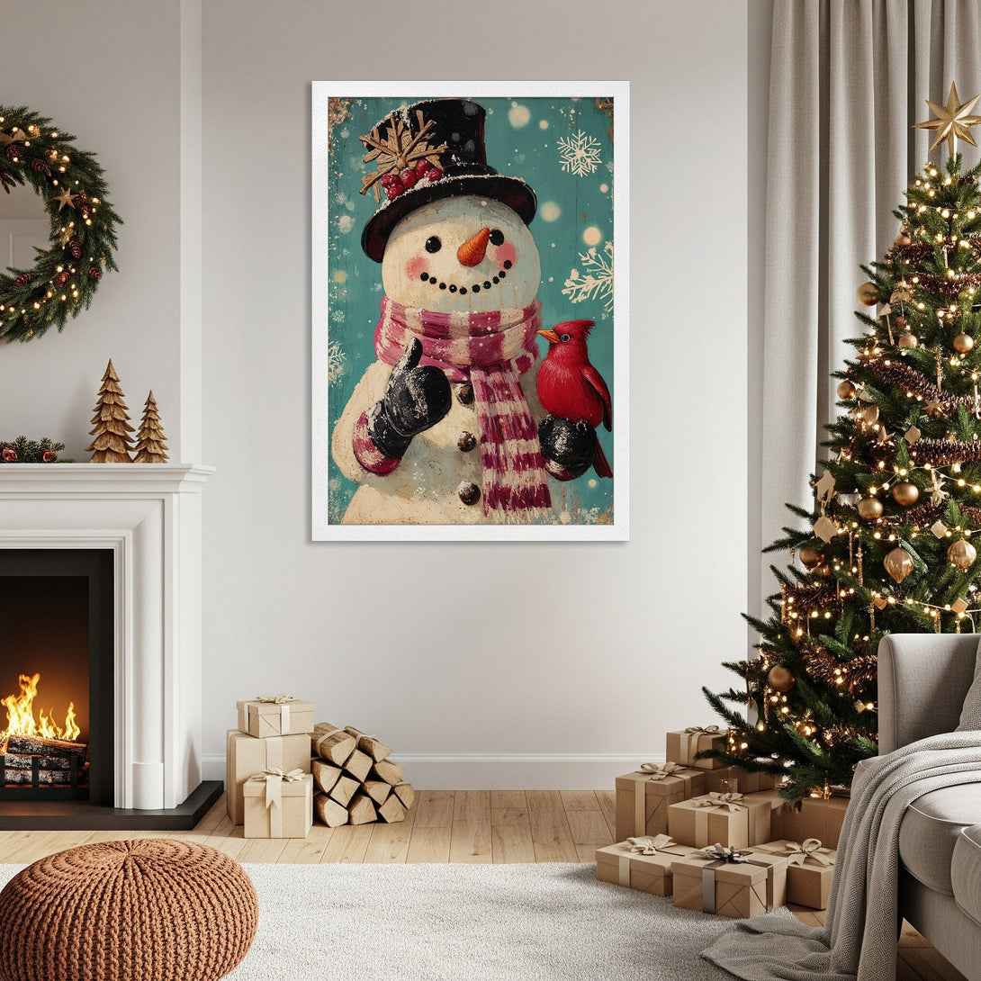 Framed Poster featuring a snowman and cardinal, vintage style, teal and red color palette, perfect for Christmas decor.