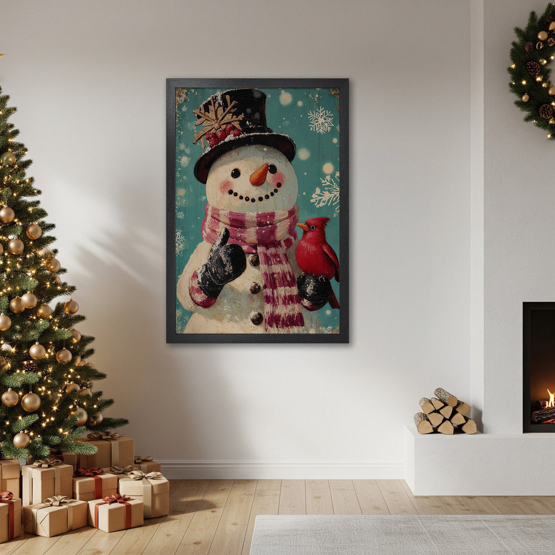 Framed Poster of a snowman with a cardinal, vintage style, teal and red color palette, perfect for Christmas decor.