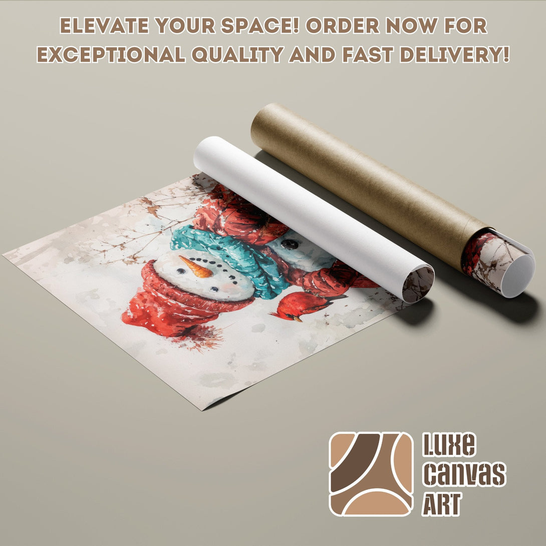 Watercolor snowman poster roll, winter art with red and teal accents, ready to ship!