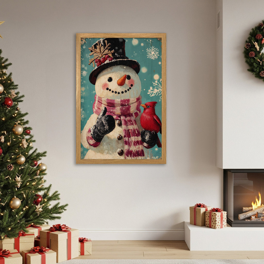 Framed Poster of a snowman with a cardinal, vintage style, teal & red color palette. Perfect Christmas decor!