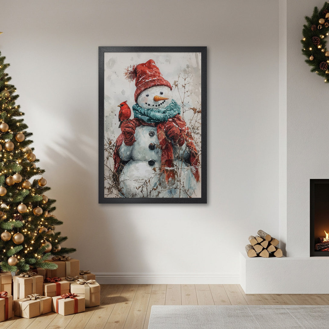 Framed Poster featuring a watercolor snowman with a red cardinal. Festive winter art in a red, blue, and white color palette. Perfect Christmas decor!