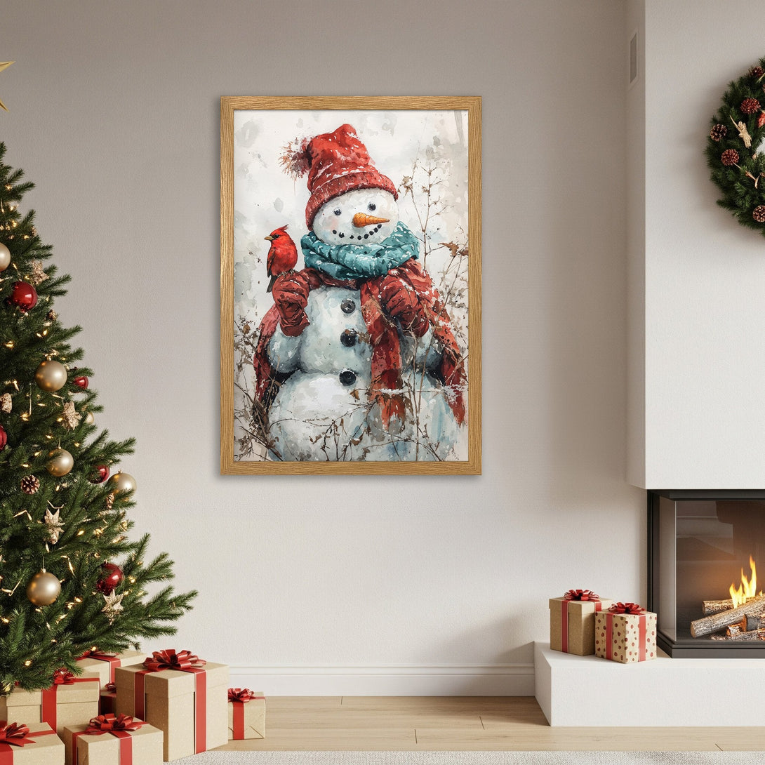 Framed Poster featuring a watercolor snowman with a red cardinal. Festive holiday art with a warm, inviting color palette.