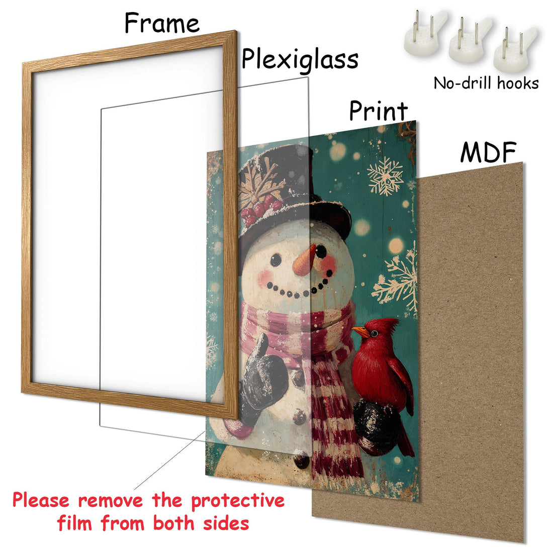 Framed Poster featuring a snowman and cardinal. Rustic style with a teal, red, and brown color palette. Perfect winter decor!