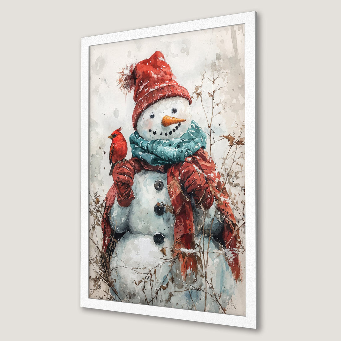 Framed Poster featuring a watercolor snowman with a red cardinal. Winter art in red, blue, and neutral tones. Perfect holiday decor.