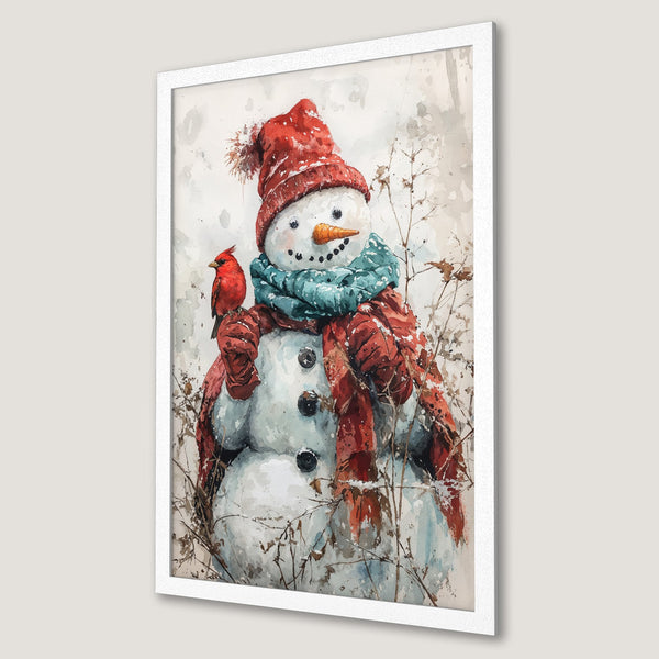 Framed Poster featuring a watercolor snowman with a red cardinal. Winter art in red, blue, and neutral tones. Perfect holiday decor.
