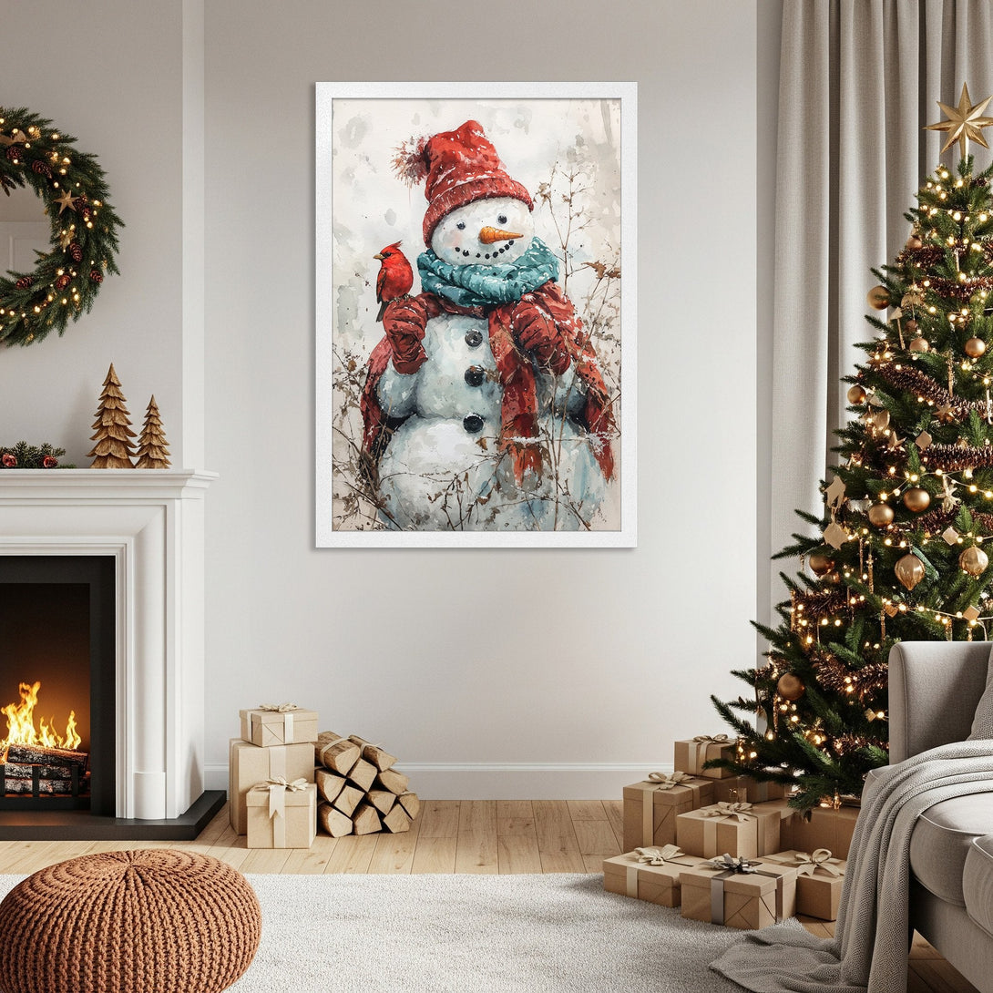 Framed Poster of a watercolor snowman with a cardinal. Festive style, red, teal, and white color palette. Perfect holiday decor.