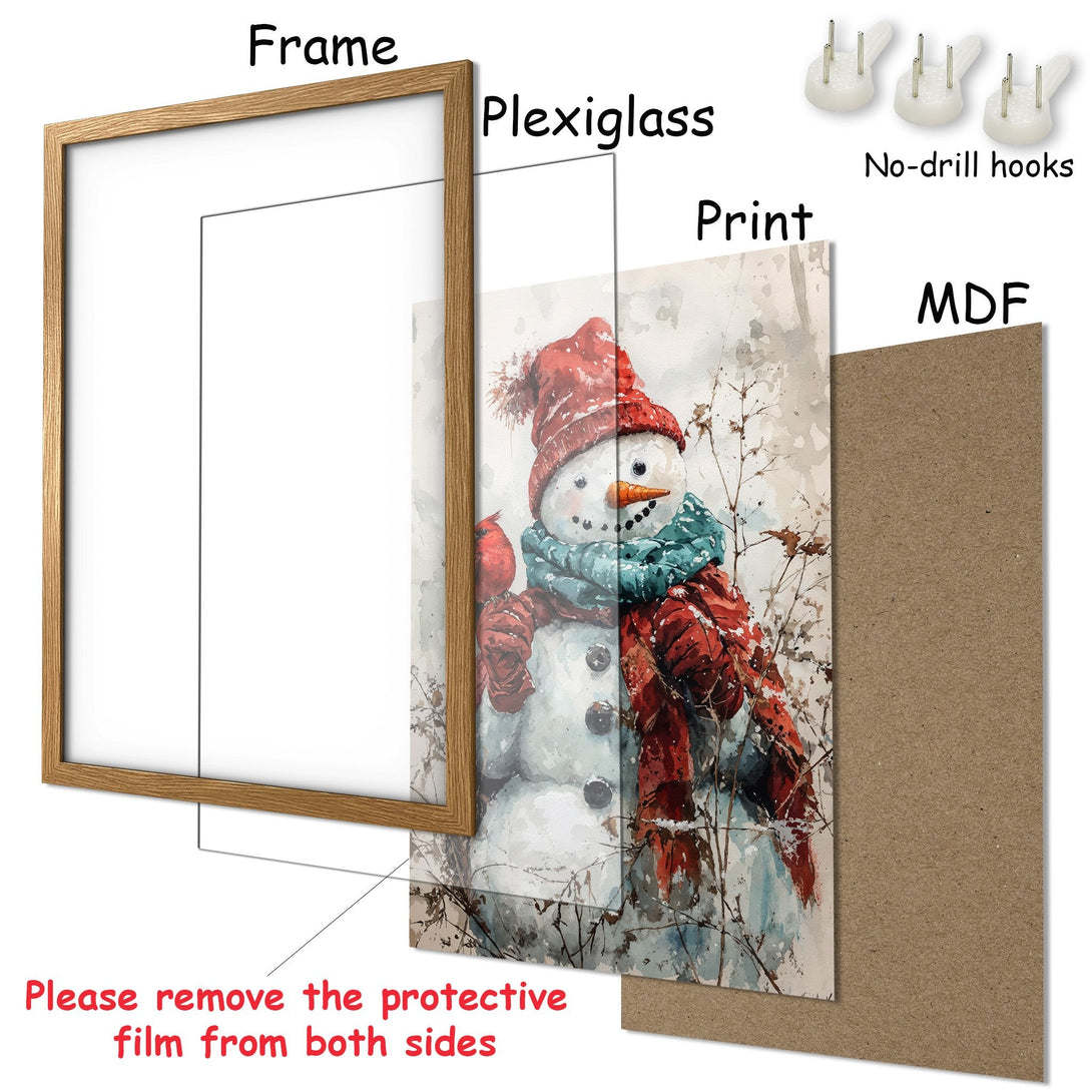 Framed Poster featuring a watercolor snowman in red and teal, perfect for winter decor. Warm, inviting color palette.