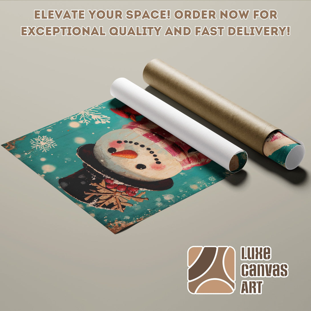 Snowman Poster Roll, vintage style, teal and brown color palette. Elevate your space today!