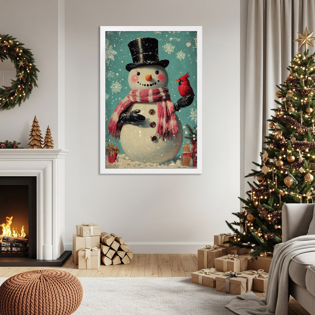Framed Poster featuring a whimsical snowman with a cardinal, vintage style, teal and red color palette. Perfect Christmas decor!