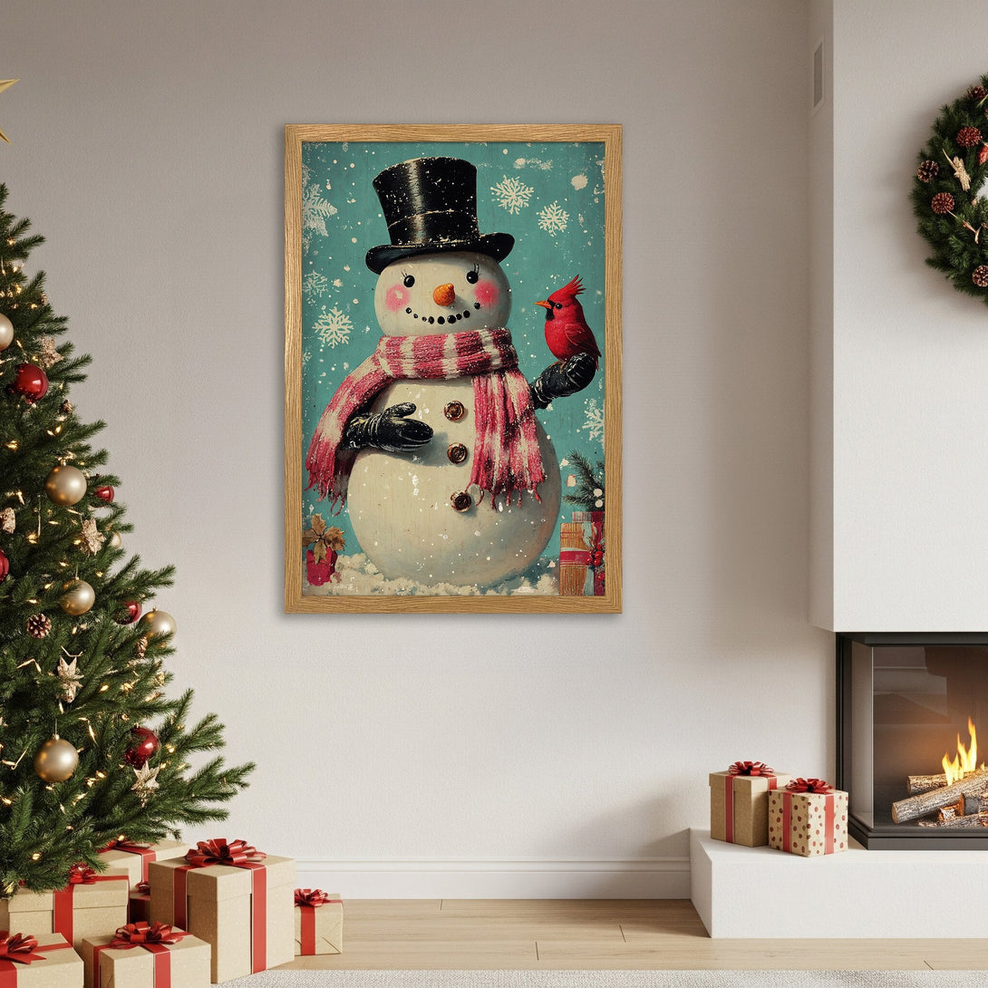 Framed Poster featuring a snowman with a cardinal, vintage style, blue, red, & white color palette. Perfect Christmas decor!