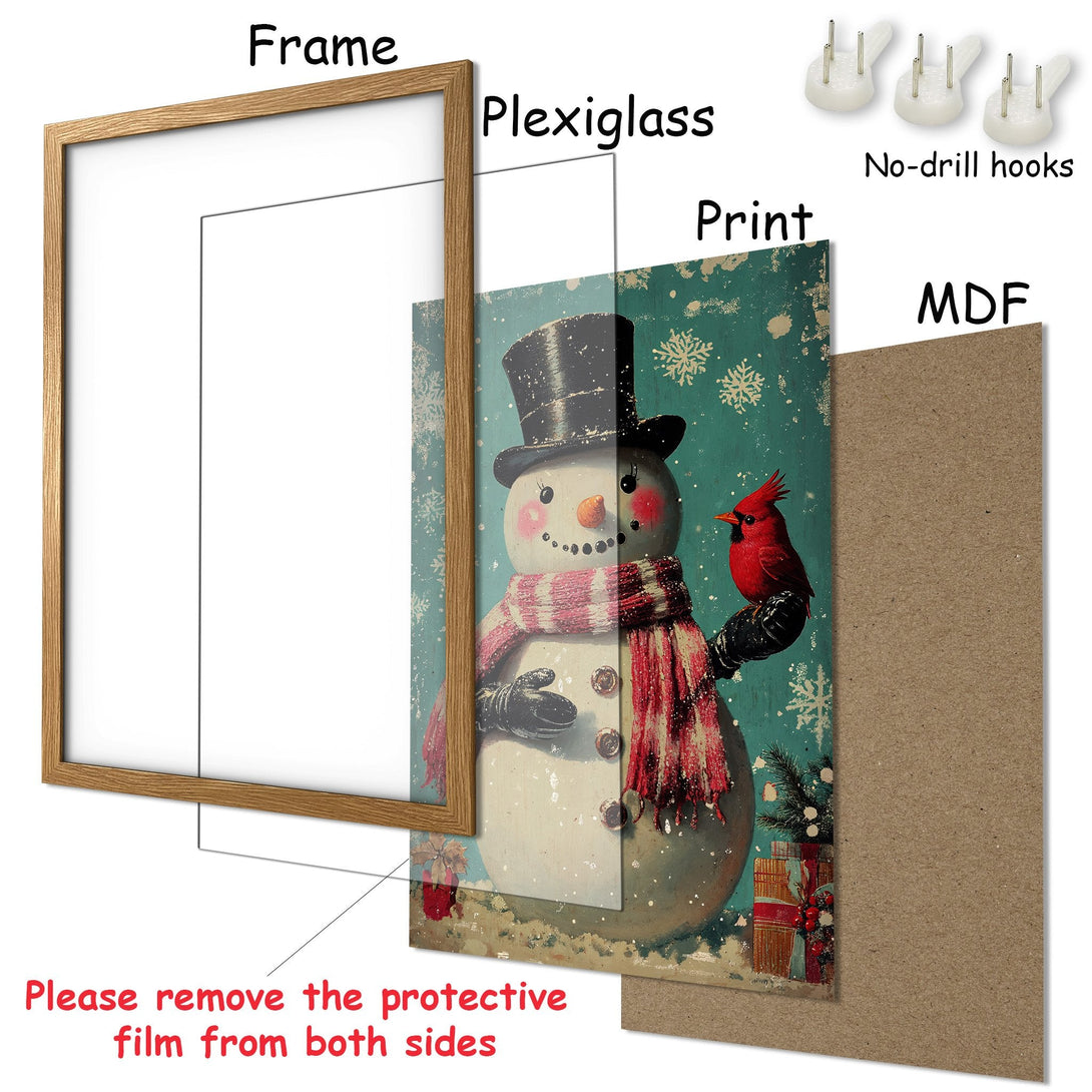 Framed Poster featuring a snowman and cardinal in a vintage style, with a teal and red color palette, ready to hang.