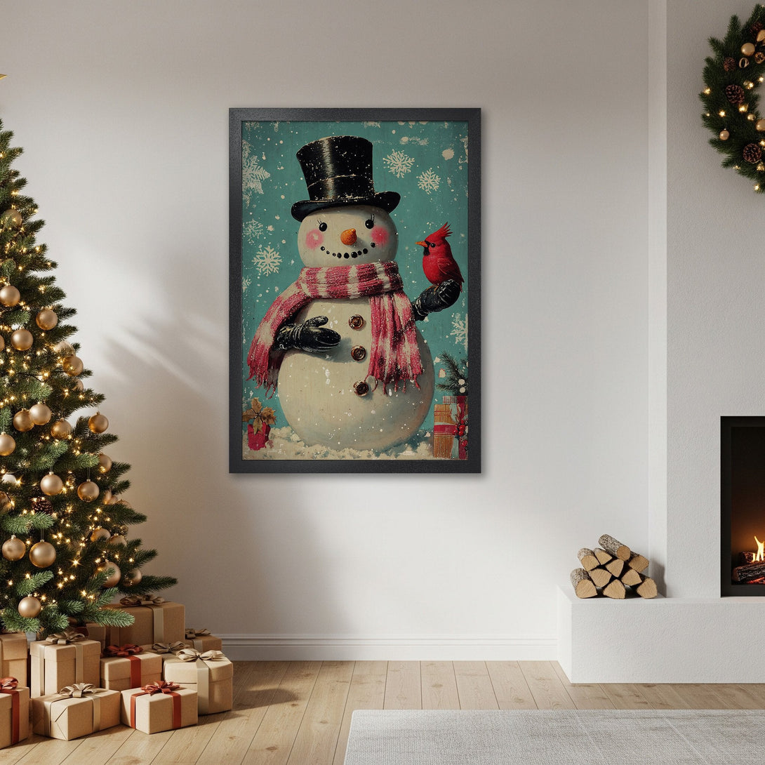 Framed Poster featuring a vintage snowman with a cardinal, in a festive, wintery style. Teal, red, and white color palette.