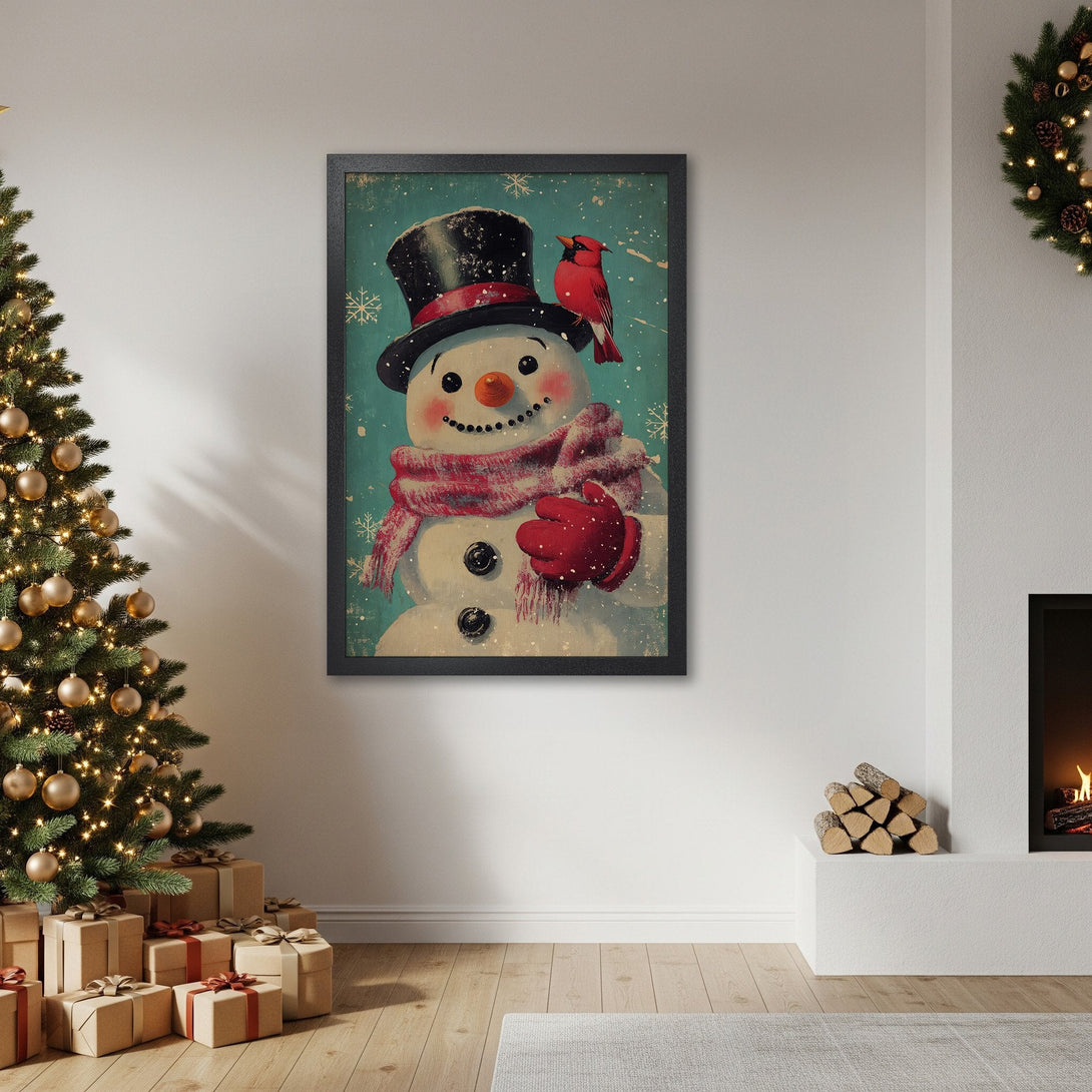 Framed Poster featuring a vintage-style snowman with a cardinal, perfect for Christmas decor. Festive red, blue, and white color palette.