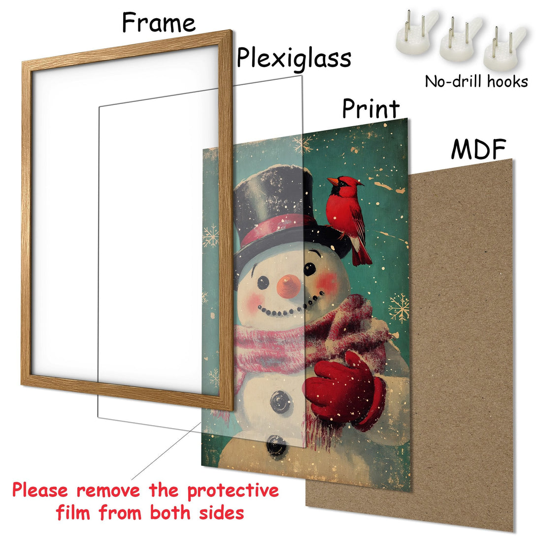 Framed Poster featuring a snowman and cardinal in a vintage style with a teal, red, and cream color palette. Perfect holiday decor!
